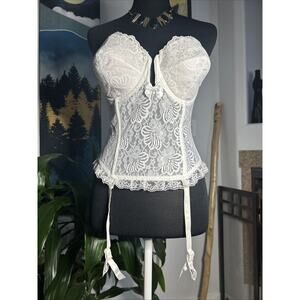 Vintage Jezebel white lace longline bustier Corset Top garter straps 36D Elegant